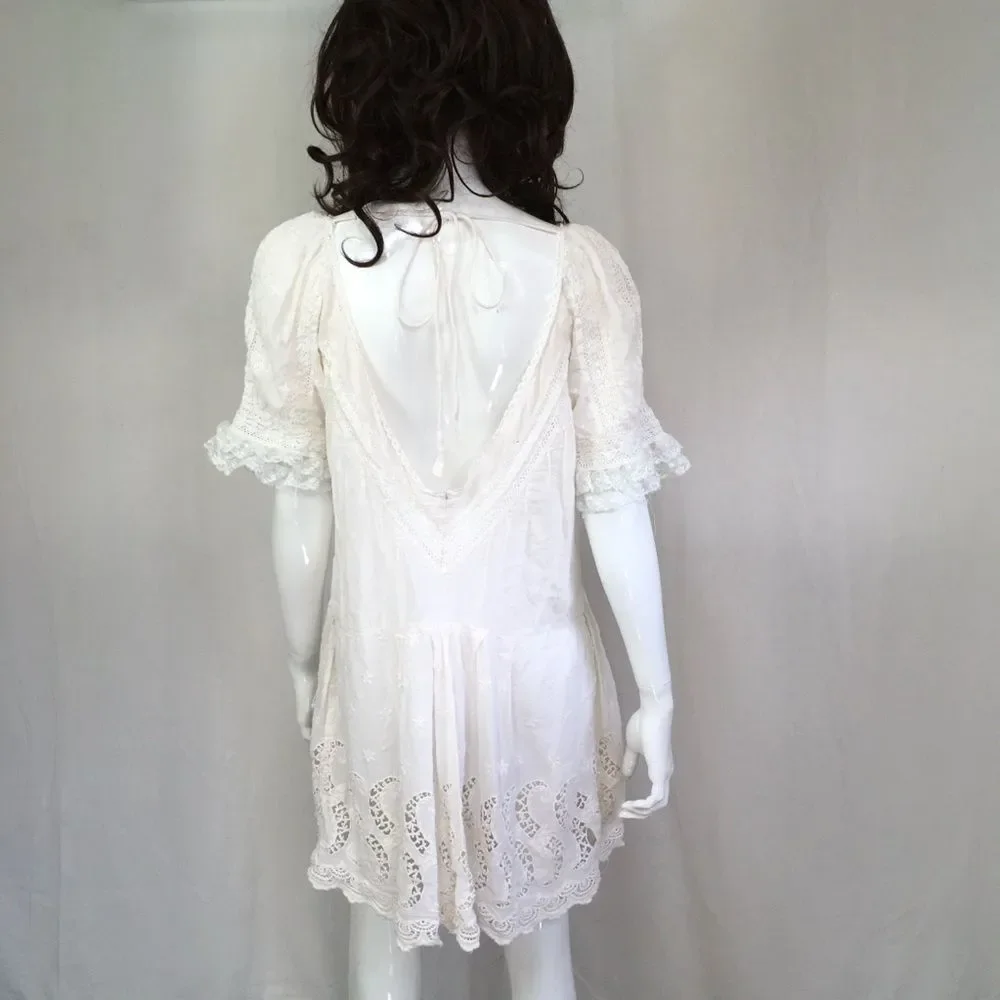 Free People Intimately White Short Sleeve Lace Mini Boho Cottagecore Dress M